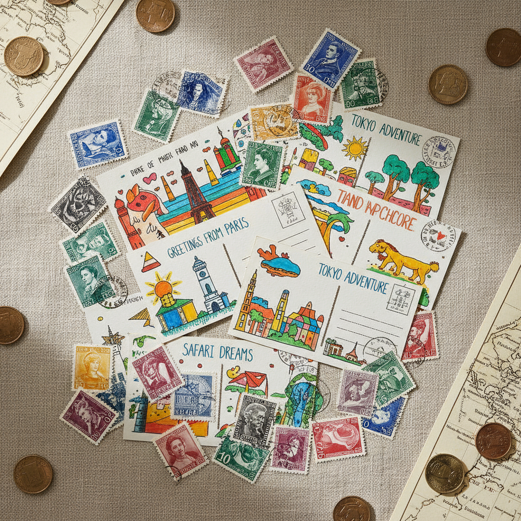 A collection of vibrant international stamps and colorful hand-drawn postcards arranged artfully on textured linen fabric, with crisp, intricate details highlighted by diffused natural daylight streaming in from the side. Subtle shadows form under the edges of the postcards, and the vivid hues pop against the neutral background. Surrounding these travel mementos are faint, blurred outlines of scattered coins and a softly faded, open map, suggesting the spontaneity and joy of collecting memories from around the world. Captured from a bird’s-eye view with sharp focus, the composition feels playful yet organized, celebrating the personal side of travel. The artistic style is vibrant, bright, and detailed, offering an inviting, cheerful tone that fits a travel storytelling blog.