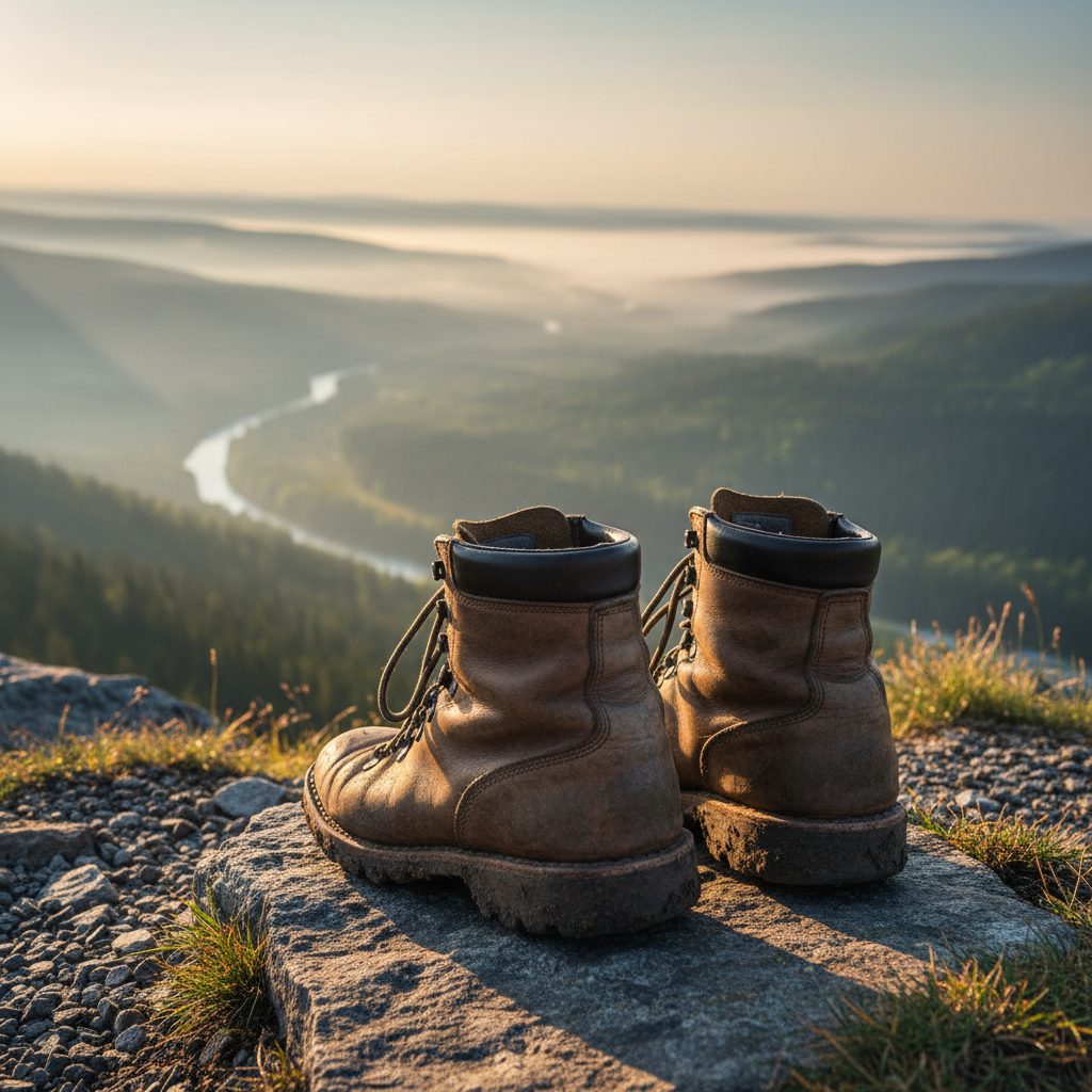 A pair of classic, well-worn hiking boots with scuffed leather and earth-stained soles rests atop a rugged stone overlook, peering out over a vast, misty valley. The environment is dramatic, with sweeping views of distant forests and winding rivers illuminated by soft, early morning sunlight that diffuses gold across the landscape. The boots are the sharp focal point, with the sweeping vista gently blurred to suggest adventure just completed or about to begin. Captured at a low angle, slightly behind and beside the boots, the composition invites viewers to imagine their own journey. The mood is one of quiet triumph and wanderlust, painted in photographic realism with vibrant natural colors, providing a dynamic and inspirational visual for a personal travel blog.