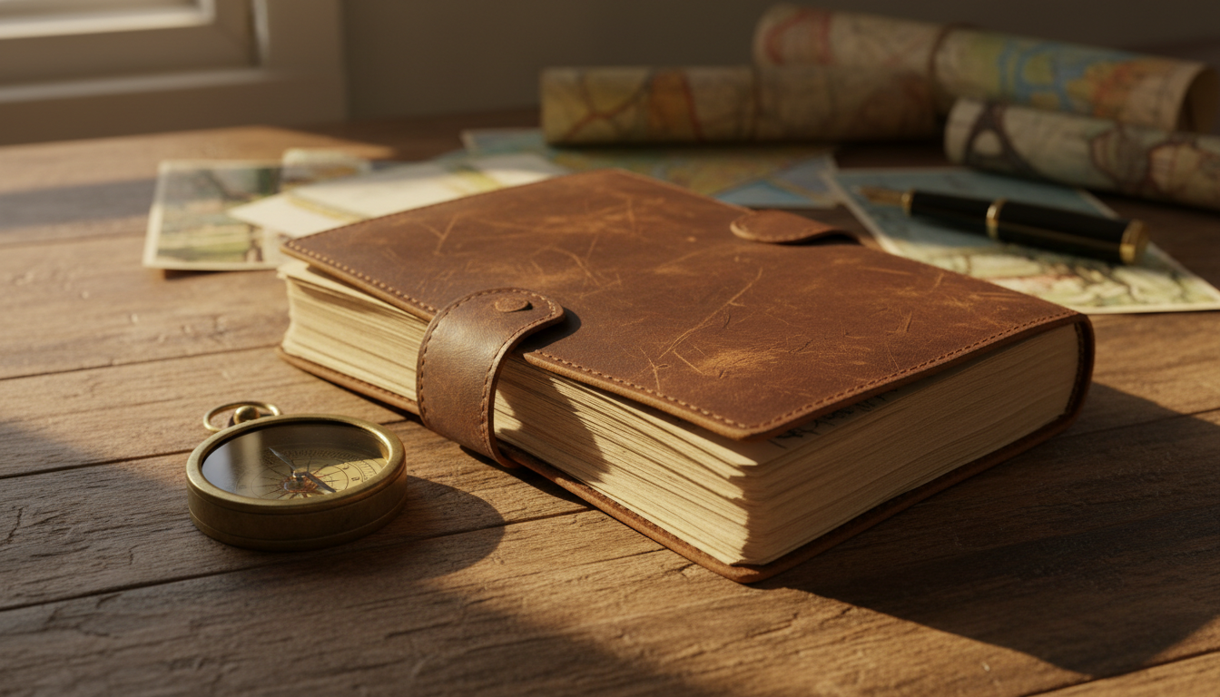 A classic, well-worn leather travel journal with visible pen marks and textured, slightly curled edges rests beside a vintage brass compass on a rustic wooden table. The background is softly blurred, revealing hints of maps and colorful postcards scattered nearby, evoking a sense of global exploration and adventure. Golden hour sunlight pours through a window, casting warm highlights on the journal’s surface and creating gentle, elongated shadows. The setting feels nostalgic and inviting, perfectly celebrating personal journey stories. Captured from a slightly elevated angle with a shallow depth of field, the composition brings focus to the tactile details and heirloom quality. The artistic style is photographic realism, vibrant yet warm, ideal for a travel blog emphasizing authentic, heartfelt experiences.
