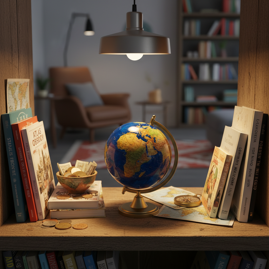 A meticulously detailed miniature globe with a glossy, deep blue ocean and textured, raised continents sits at the center of a cozy book nook, surrounded by stacks of travel guides and a small, ceramic dish of foreign currency. Warm pendant lighting from above creates golden highlights on the globe’s surface and dramatic, soft-edged shadows on the old wooden shelf beneath. The intimate environment, with visible book spines and map edges peeking out, evokes a sense of wonder and limitless possibility. Photographed head-on at eye level with a balanced composition and subtle bokeh in the background, the mood is contemplative and inspiring. The artistic style combines clean, modern lines with rich color, mirroring the curiosity found in travel blogs.